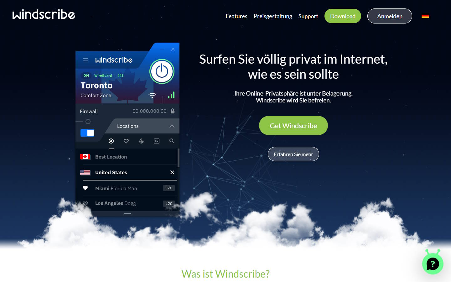 Screenshot der Windscribe.com Homepage vom 29. April 2023